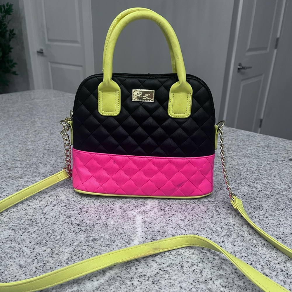 Betsey Johnson Black, Hot Pink & Neon Yellow Quilted Crossbody Satchel